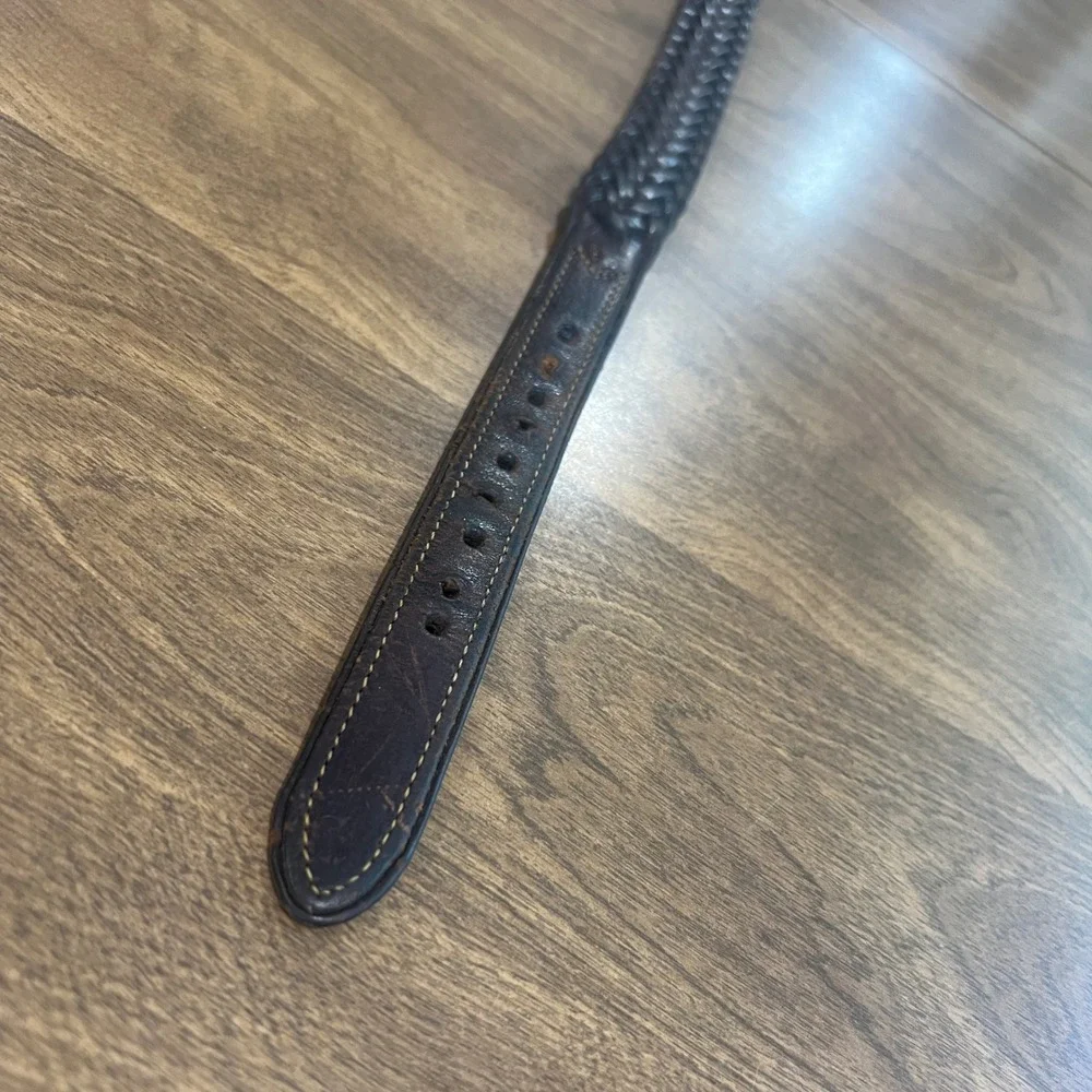 Vintage L.L. Bean Mens 28 Braided Leather Belt Dark Brown Brass Buckle